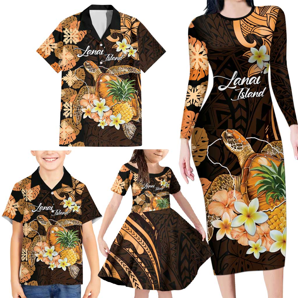 Personalised Aloha Hawaii Lanai Island Family Matching Long Sleeve Bodycon Dress and Hawaiian Shirt Pineapple Isle Map Sea Turtle Plumeria LT14 - Polynesian Pride