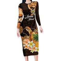 Personalised Aloha Hawaii Lanai Island Family Matching Long Sleeve Bodycon Dress and Hawaiian Shirt Pineapple Isle Map Sea Turtle Plumeria LT14 Mom's Dress Orange - Polynesian Pride