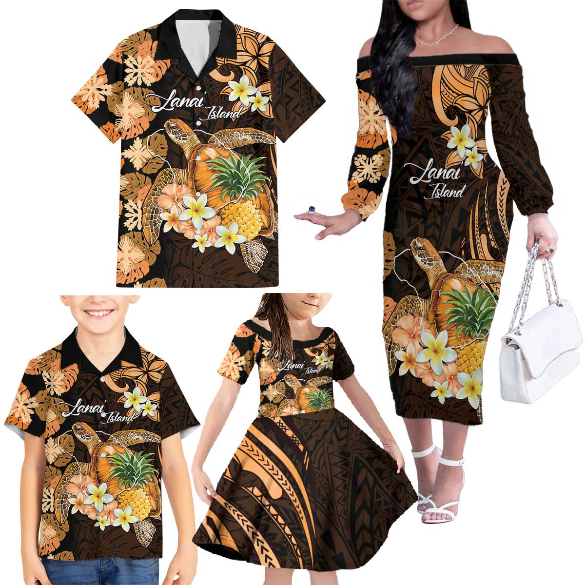 Personalised Aloha Hawaii Lanai Island Family Matching Off The Shoulder Long Sleeve Dress and Hawaiian Shirt Pineapple Isle Map Sea Turtle Plumeria LT14 - Polynesian Pride