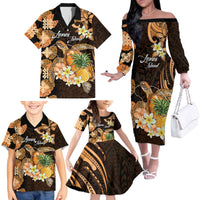 Personalised Aloha Hawaii Lanai Island Family Matching Off The Shoulder Long Sleeve Dress and Hawaiian Shirt Pineapple Isle Map Sea Turtle Plumeria LT14 - Polynesian Pride