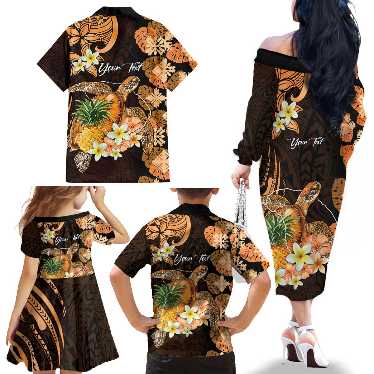 Personalised Aloha Hawaii Lanai Island Family Matching Off The Shoulder Long Sleeve Dress and Hawaiian Shirt Pineapple Isle Map Sea Turtle Plumeria LT14 - Polynesian Pride