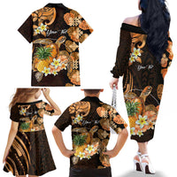 Personalised Aloha Hawaii Lanai Island Family Matching Off The Shoulder Long Sleeve Dress and Hawaiian Shirt Pineapple Isle Map Sea Turtle Plumeria LT14 - Polynesian Pride