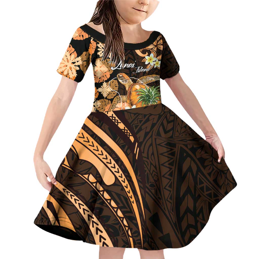 Personalised Aloha Hawaii Lanai Island Family Matching Off Shoulder Short Dress and Hawaiian Shirt Pineapple Isle Map Sea Turtle Plumeria LT14 Daughter's Dress Orange - Polynesian Pride