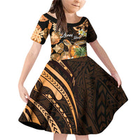 Personalised Aloha Hawaii Lanai Island Family Matching Off Shoulder Short Dress and Hawaiian Shirt Pineapple Isle Map Sea Turtle Plumeria LT14 Daughter's Dress Orange - Polynesian Pride
