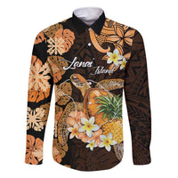 Personalised Aloha Hawaii Lanai Island Family Matching Off Shoulder Short Dress and Hawaiian Shirt Pineapple Isle Map Sea Turtle Plumeria LT14 Dad's Shirt - Long Sleeve Orange - Polynesian Pride