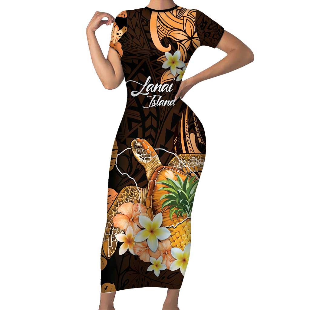 Personalised Aloha Hawaii Lanai Island Family Matching Short Sleeve Bodycon Dress and Hawaiian Shirt Pineapple Isle Map Sea Turtle Plumeria LT14 Mom's Dress Orange - Polynesian Pride