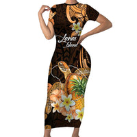 Personalised Aloha Hawaii Lanai Island Family Matching Short Sleeve Bodycon Dress and Hawaiian Shirt Pineapple Isle Map Sea Turtle Plumeria LT14 Mom's Dress Orange - Polynesian Pride