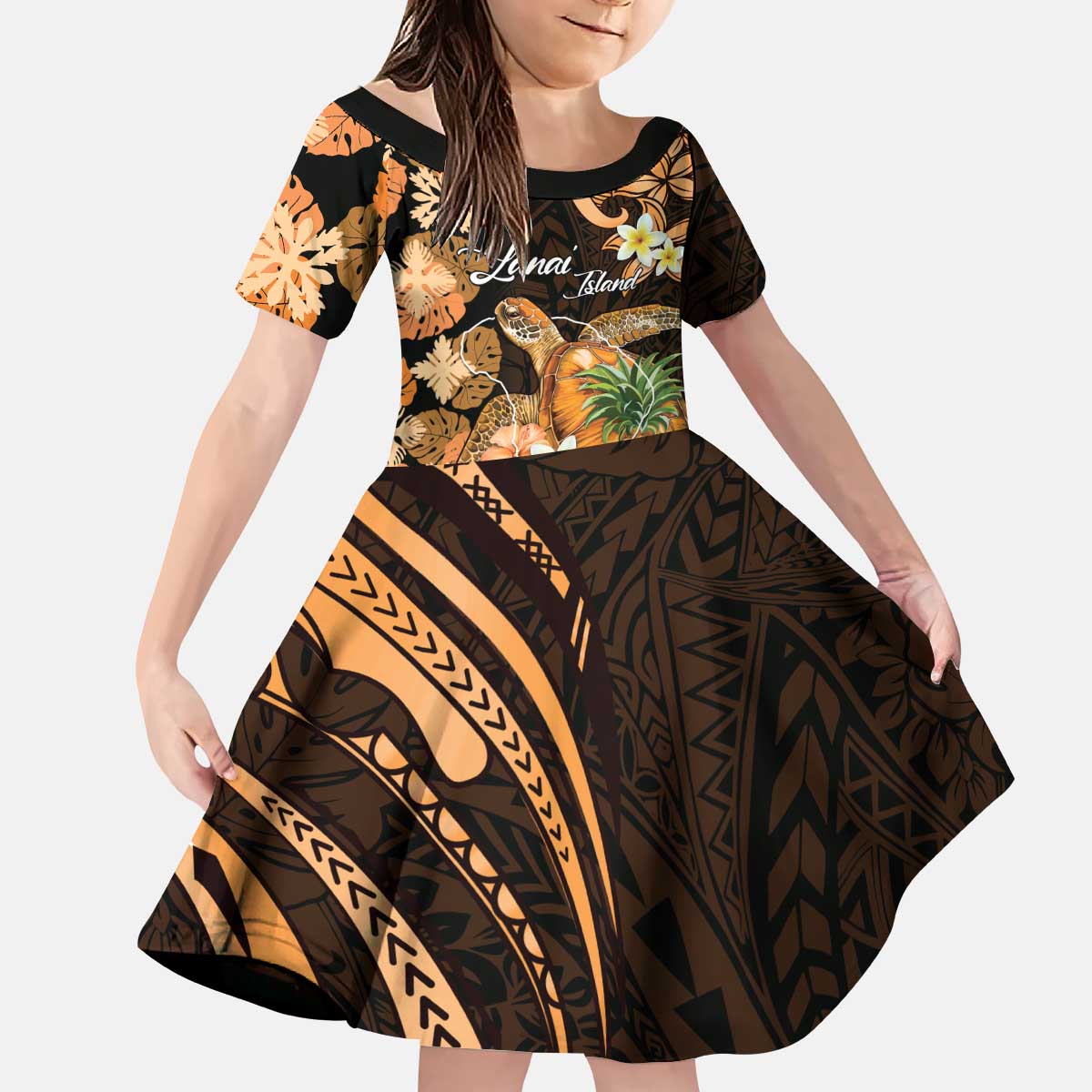 Personalised Aloha Hawaii Lanai Island Kid Short Sleeve Dress Pineapple Isle Map Sea Turtle Plumeria