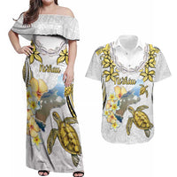 Personalised Aloha Hawaii Niihau Island Couples Matching Off Shoulder Maxi Dress and Hawaiian Shirt Forbidden Isle Map Shell Lei LT14 Yellow - Polynesian Pride