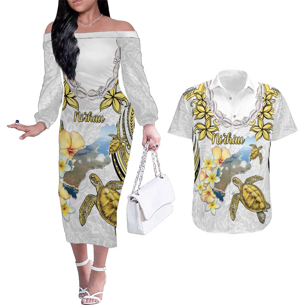 Personalised Aloha Hawaii Niihau Island Couples Matching Off The Shoulder Long Sleeve Dress and Hawaiian Shirt Forbidden Isle Map Shell Lei LT14 Yellow - Polynesian Pride