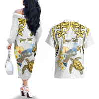 Personalised Aloha Hawaii Niihau Island Couples Matching Off The Shoulder Long Sleeve Dress and Hawaiian Shirt Forbidden Isle Map Shell Lei LT14 - Polynesian Pride