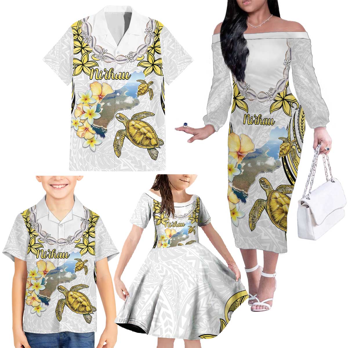Personalised Aloha Hawaii Niihau Island Family Matching Off The Shoulder Long Sleeve Dress and Hawaiian Shirt Forbidden Isle Map Shell Lei LT14 - Polynesian Pride