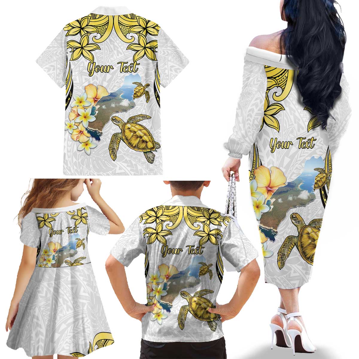 Personalised Aloha Hawaii Niihau Island Family Matching Off The Shoulder Long Sleeve Dress and Hawaiian Shirt Forbidden Isle Map Shell Lei LT14 - Polynesian Pride