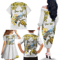 Personalised Aloha Hawaii Niihau Island Family Matching Off The Shoulder Long Sleeve Dress and Hawaiian Shirt Forbidden Isle Map Shell Lei LT14 - Polynesian Pride