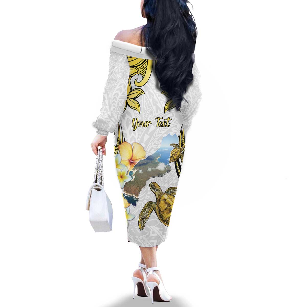 Personalised Aloha Hawaii Niihau Island Family Matching Off The Shoulder Long Sleeve Dress and Hawaiian Shirt Forbidden Isle Map Shell Lei LT14 - Polynesian Pride