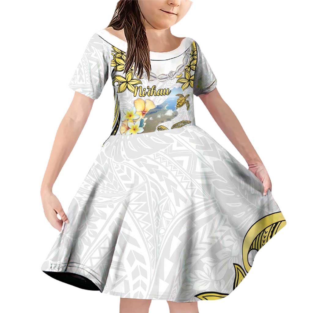 Personalised Aloha Hawaii Niihau Island Family Matching Off Shoulder Short Dress and Hawaiian Shirt Forbidden Isle Map Shell Lei LT14 Daughter's Dress Yellow - Polynesian Pride