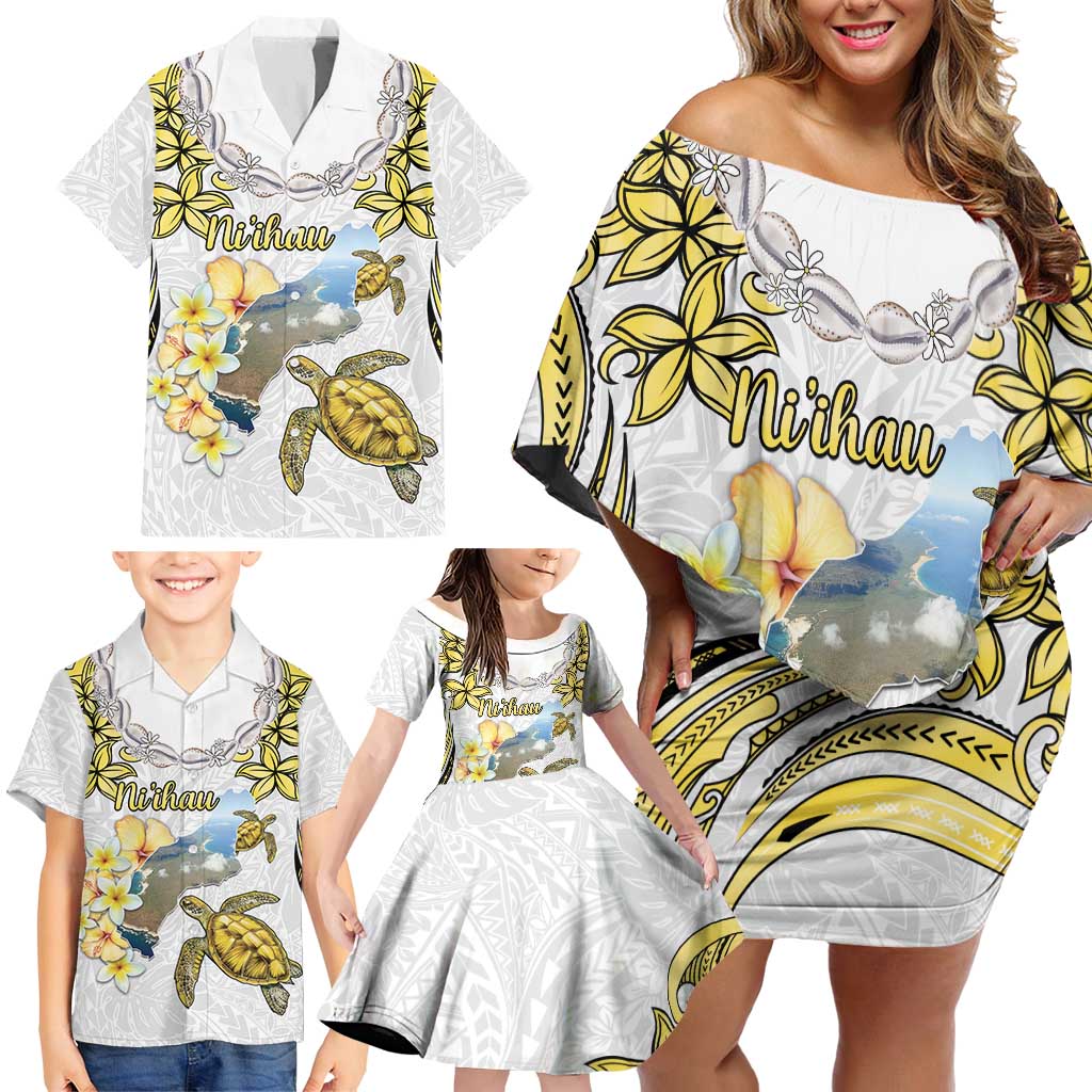 Personalised Aloha Hawaii Niihau Island Family Matching Off Shoulder Short Dress and Hawaiian Shirt Forbidden Isle Map Shell Lei LT14 - Polynesian Pride