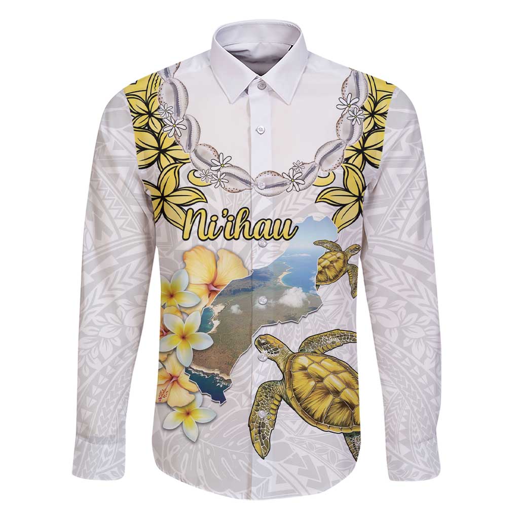 Personalised Aloha Hawaii Niihau Island Family Matching Short Sleeve Bodycon Dress and Hawaiian Shirt Forbidden Isle Map Shell Lei LT14 Dad's Shirt - Long Sleeve Yellow - Polynesian Pride