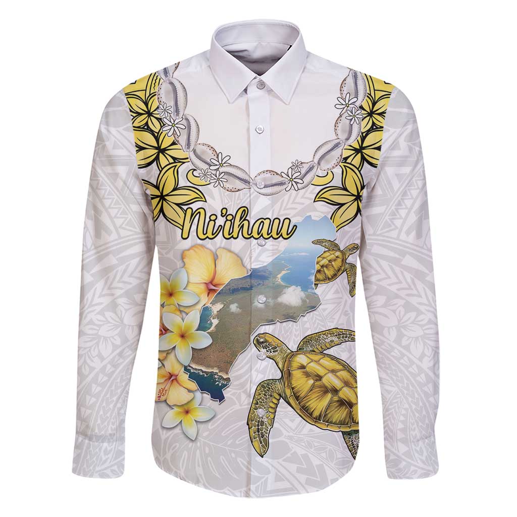 Personalised Aloha Hawaii Niihau Island Family Matching Tank Maxi Dress and Hawaiian Shirt Forbidden Isle Map Shell Lei LT14 Dad's Shirt - Long Sleeve Yellow - Polynesian Pride