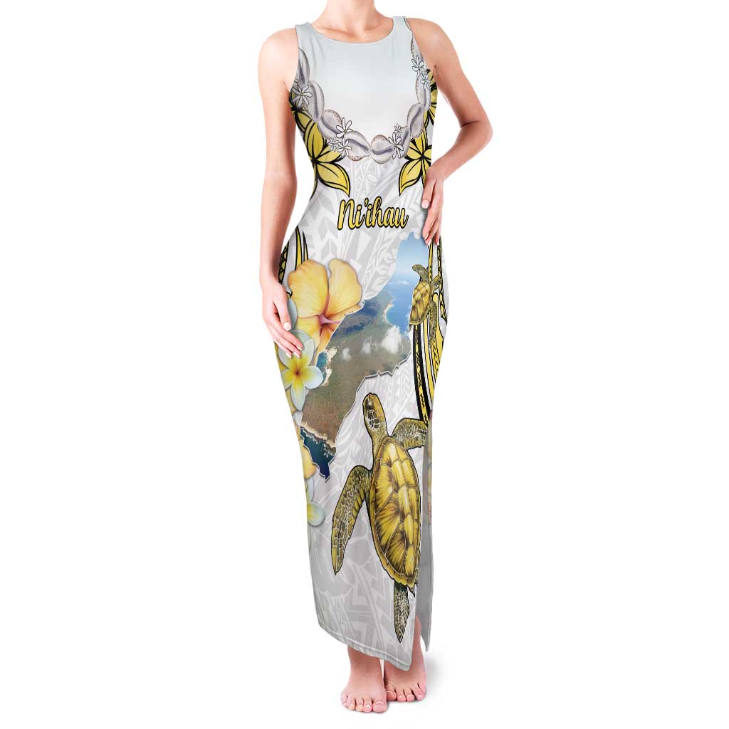 Personalised Aloha Hawaii Niihau Island Family Matching Tank Maxi Dress and Hawaiian Shirt Forbidden Isle Map Shell Lei LT14 Mom's Dress Yellow - Polynesian Pride
