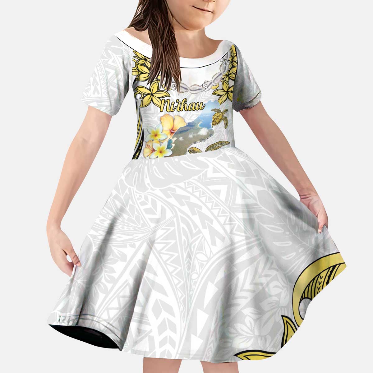 Personalised Aloha Hawaii Niihau Island Kid Short Sleeve Dress Forbidden Isle Map Shell Lei