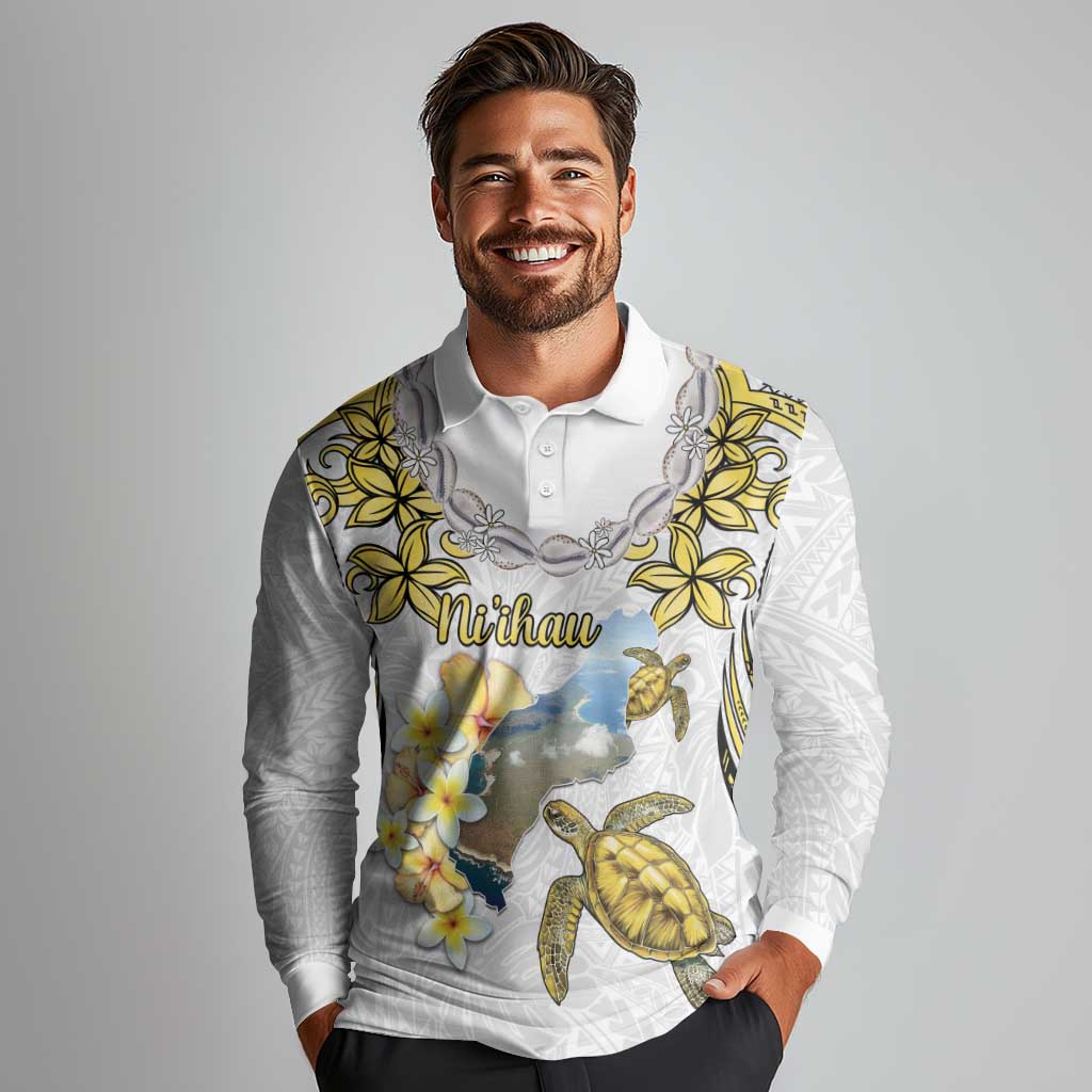 Personalised Aloha Hawaii Niihau Island Long Sleeve Polo Shirt Forbidden Isle Map Shell Lei LT14 - Polynesian Pride