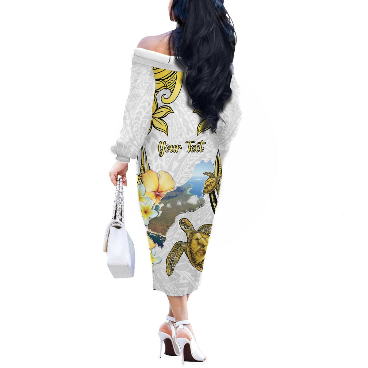 Personalised Aloha Hawaii Niihau Island Off The Shoulder Long Sleeve Dress Forbidden Isle Map Shell Lei