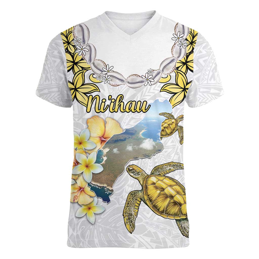 Personalised Aloha Hawaii Niihau Island Women V-Neck T-Shirt Forbidden Isle Map Shell Lei