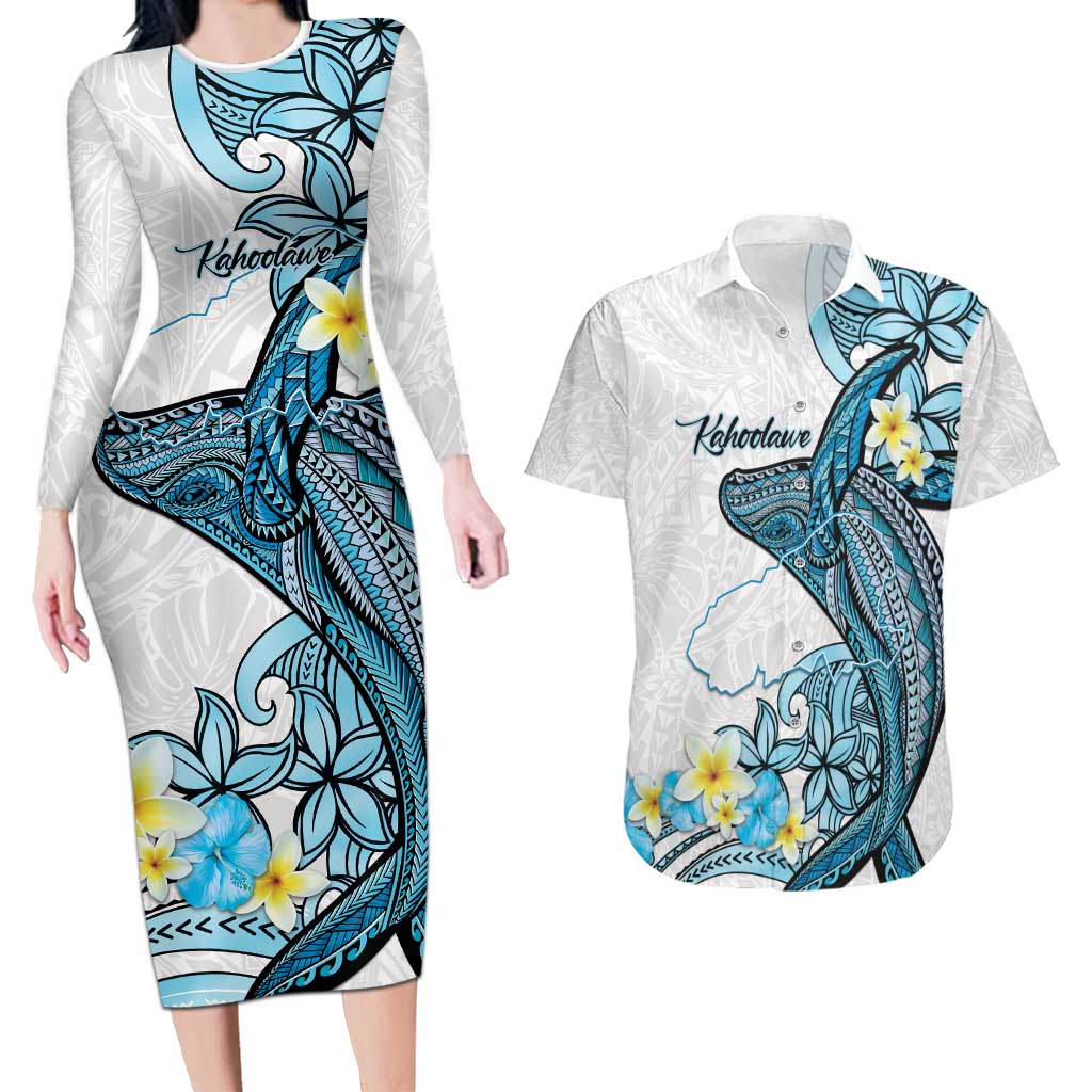 Personalised Aloha Hawaii Kahoolawe Island Couples Matching Long Sleeve Bodycon Dress and Hawaiian Shirt Target Isle Map With Humpback Whale LT14 Blue - Polynesian Pride