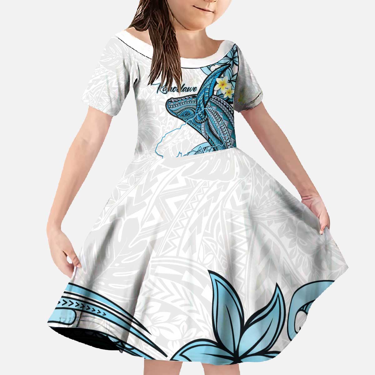 Personalised Aloha Hawaii Kahoolawe Island Family Matching Off The Shoulder Long Sleeve Dress and Hawaiian Shirt Target Isle Map With Humpback Whale LT14 Daughter's Dress Blue - Polynesian Pride