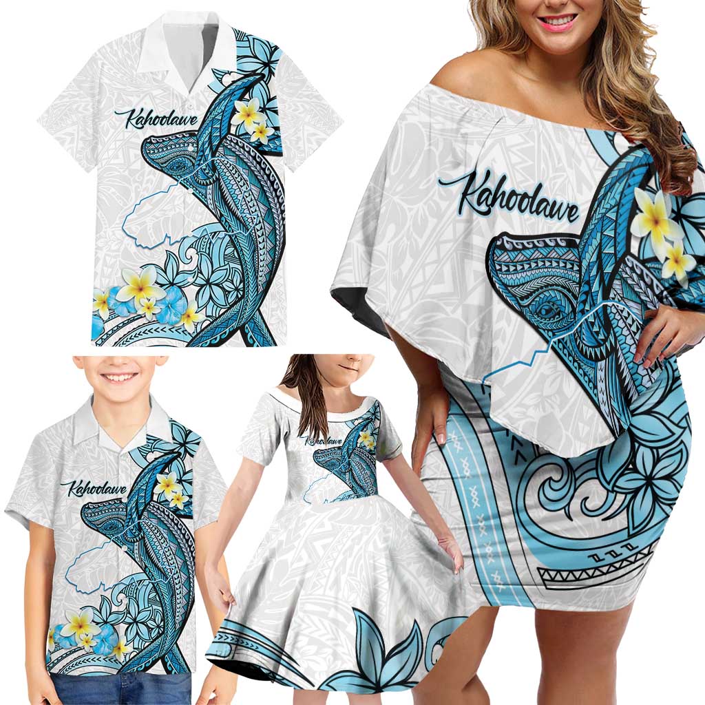 Personalised Aloha Hawaii Kahoolawe Island Family Matching Off Shoulder Short Dress and Hawaiian Shirt Target Isle Map With Humpback Whale LT14 - Polynesian Pride