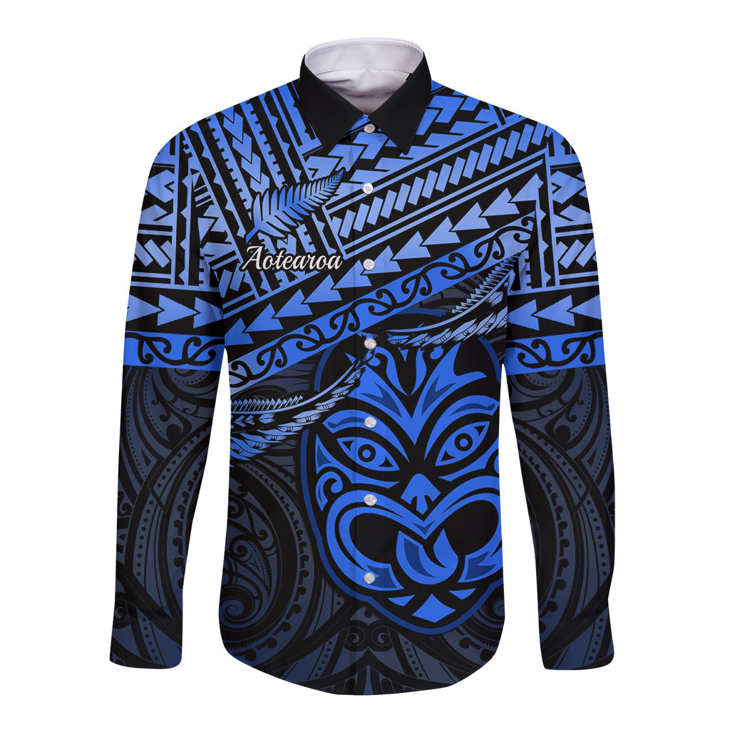 Personalised Matariki New Zealand Long Sleeve Button Shirt Maori New Year Tiki Blue Version LT14 Unisex Blue - Polynesian Pride