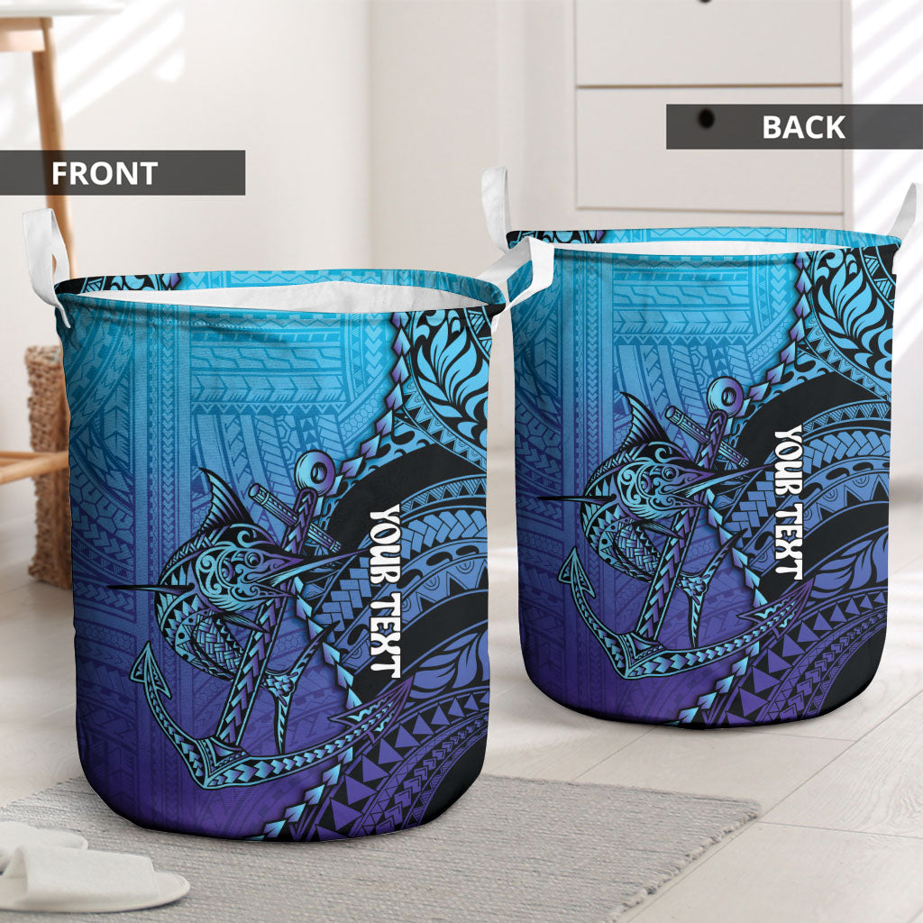 Personalised Polynesia Blue Marlin Fishing Laundry Basket Marlin Anchor Tattoo Polynesian Pattern