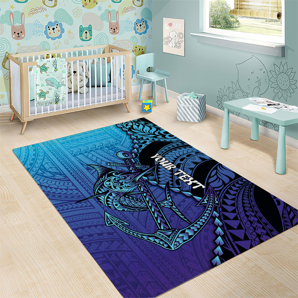 Personalised Polynesia Blue Marlin Fishing Area Rug Marlin Anchor Tattoo Polynesian Pattern