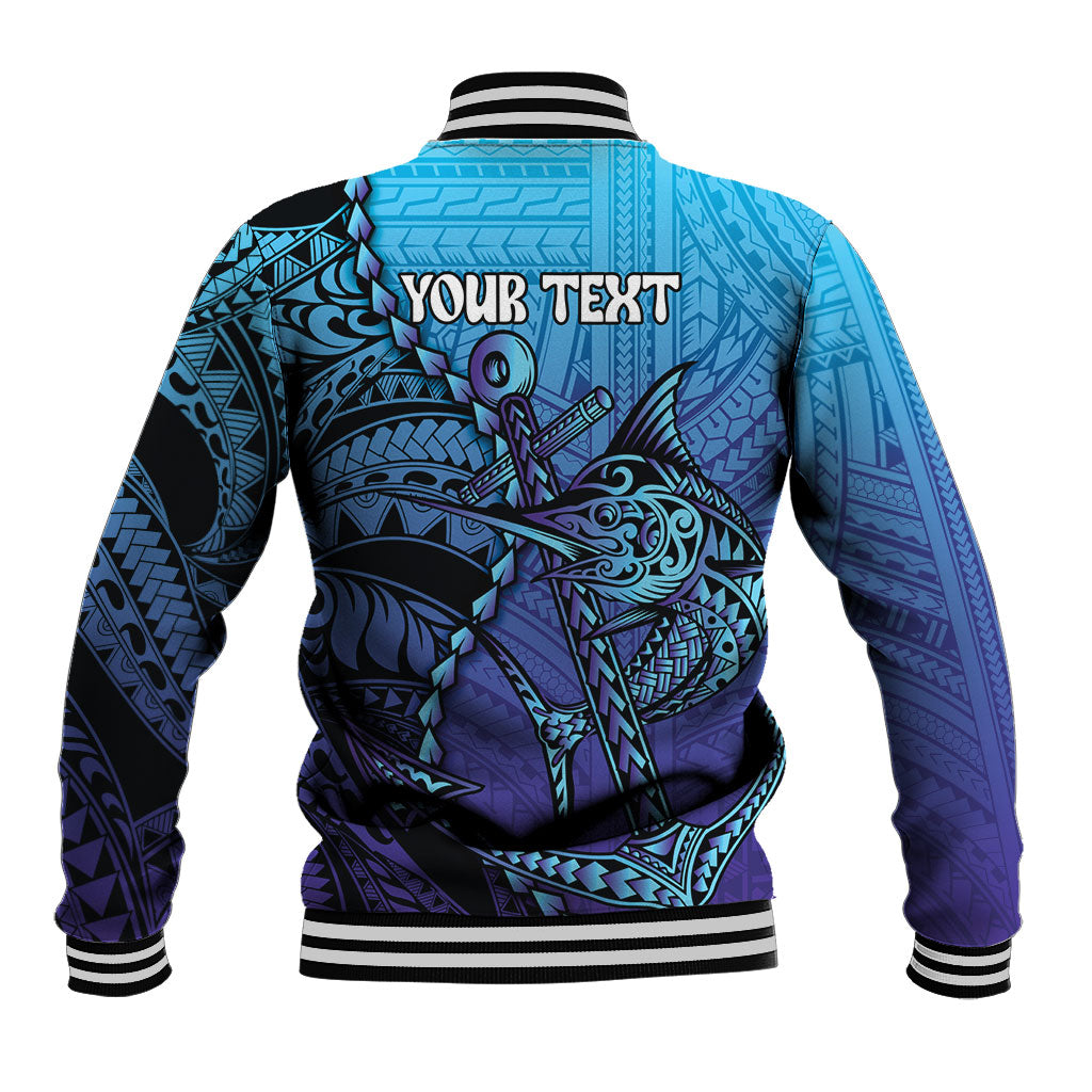 Personalised Polynesia Blue Marlin Fishing Baseball Jacket Marlin Anchor Tattoo Polynesian Pattern