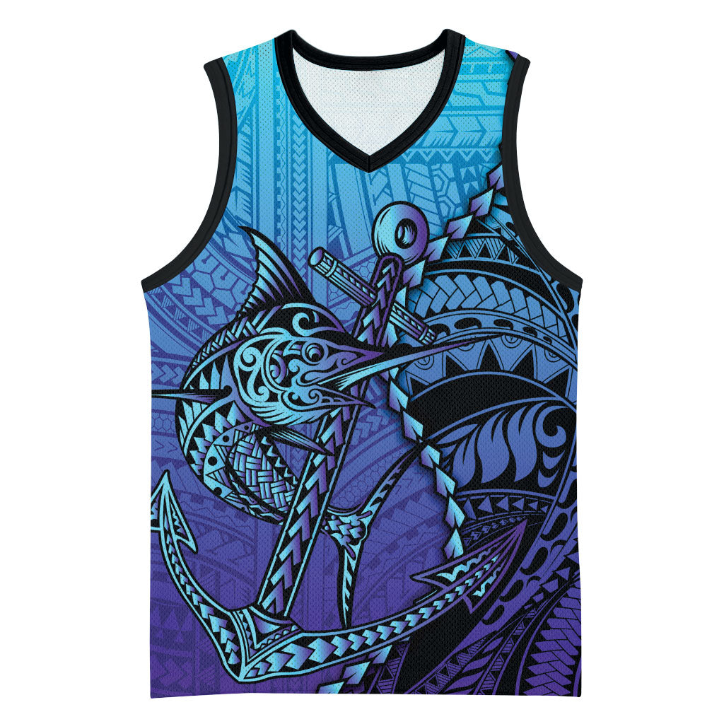 Personalised Polynesia Blue Marlin Fishing Basketball Jersey Marlin Anchor Tattoo Polynesian Pattern