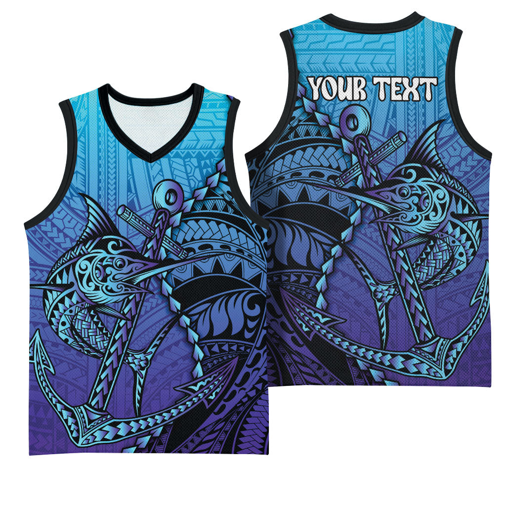 Personalised Polynesia Blue Marlin Fishing Basketball Jersey Marlin Anchor Tattoo Polynesian Pattern