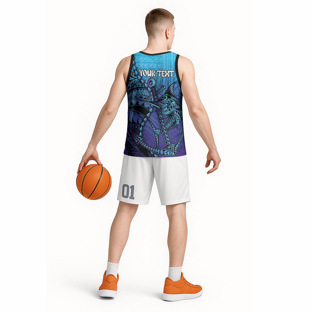 Personalised Polynesia Blue Marlin Fishing Basketball Jersey Marlin Anchor Tattoo Polynesian Pattern