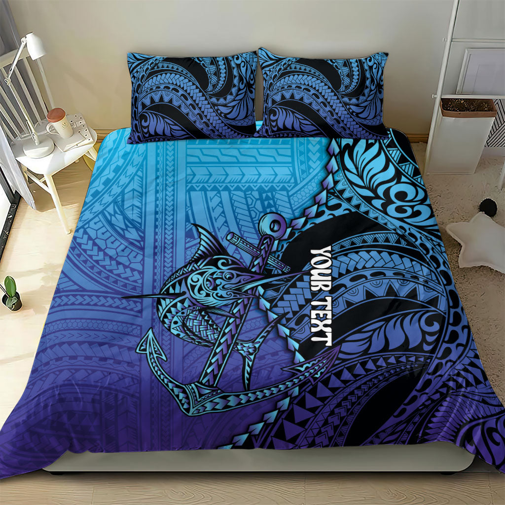 Personalised Polynesia Blue Marlin Fishing Bedding Set Marlin Anchor Tattoo Polynesian Pattern
