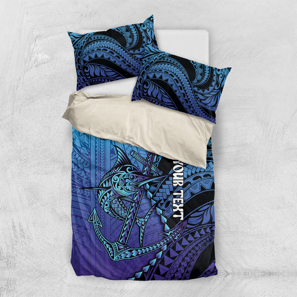 Personalised Polynesia Blue Marlin Fishing Bedding Set Marlin Anchor Tattoo Polynesian Pattern