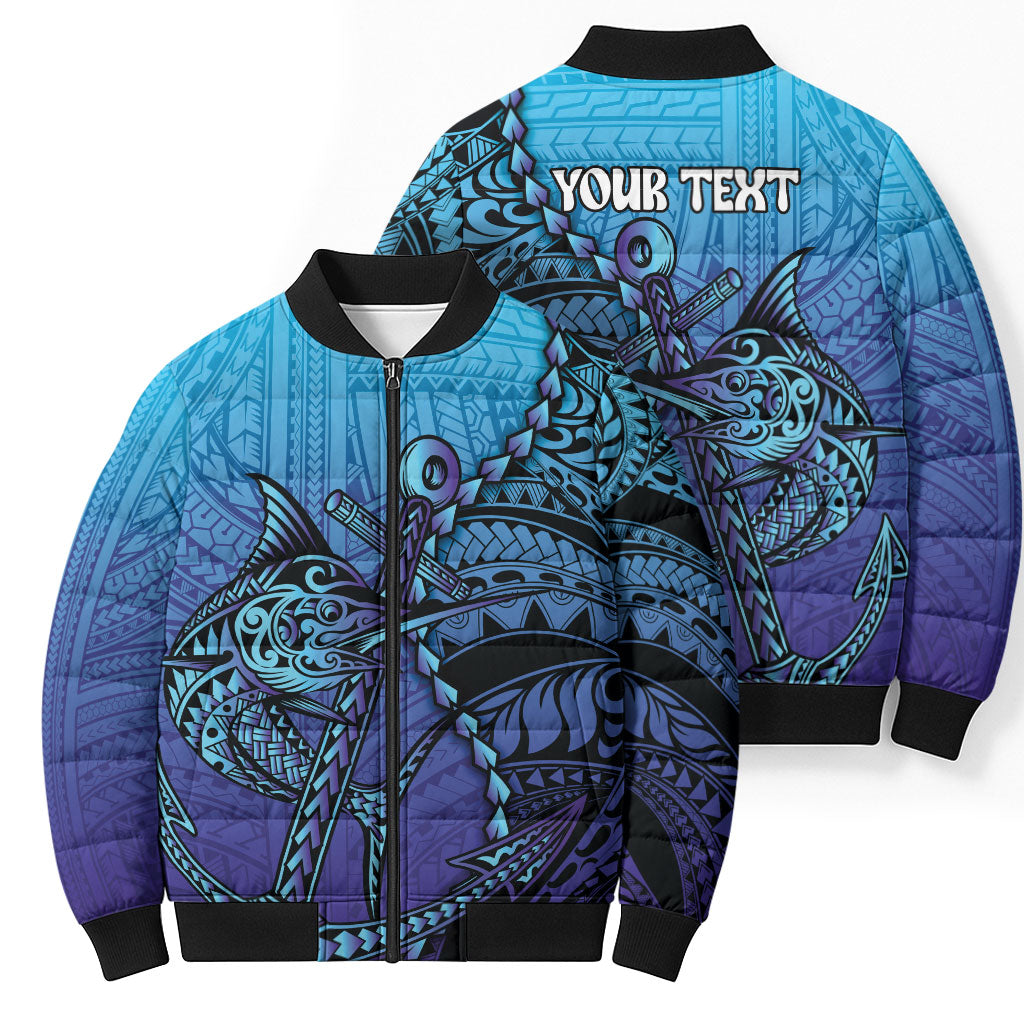 Personalised Polynesia Blue Marlin Fishing Bomber Puffer Jacket Marlin Anchor Tattoo Polynesian Pattern