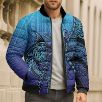 Personalised Polynesia Blue Marlin Fishing Bomber Puffer Jacket Marlin Anchor Tattoo Polynesian Pattern