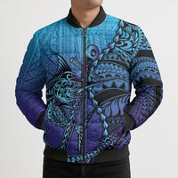 Personalised Polynesia Blue Marlin Fishing Bomber Puffer Jacket Marlin Anchor Tattoo Polynesian Pattern