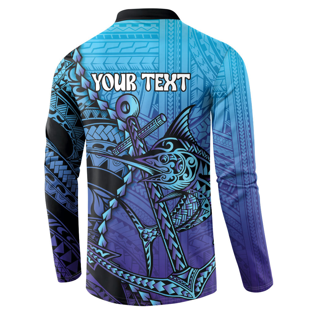 Personalised Polynesia Blue Marlin Fishing Button Sweatshirt Marlin Anchor Tattoo Polynesian Pattern