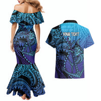 Personalised Polynesia Blue Marlin Fishing Couples Matching Mermaid Dress and Hawaiian Shirt Marlin Anchor Tattoo Polynesian Pattern