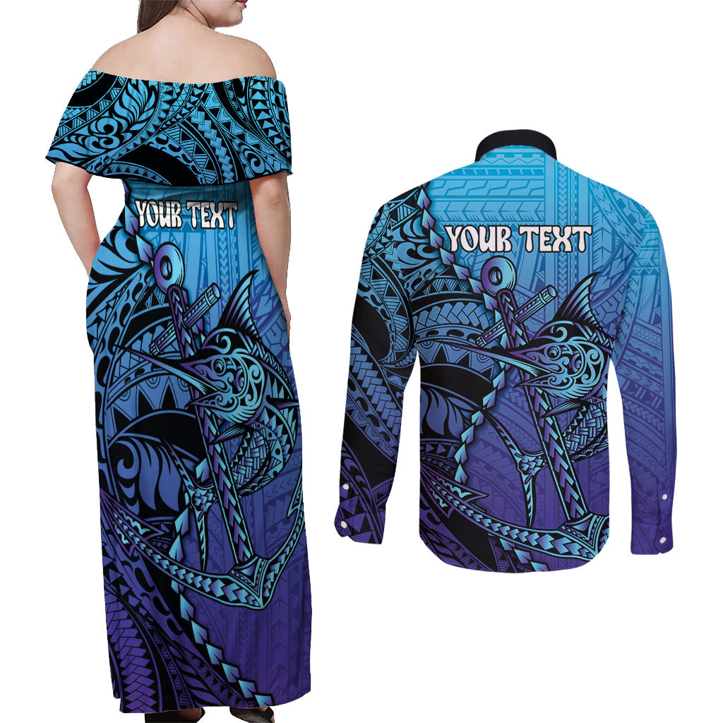 Personalised Polynesia Blue Marlin Fishing Couples Matching Off Shoulder Maxi Dress and Long Sleeve Button Shirt Marlin Anchor Tattoo Polynesian Pattern