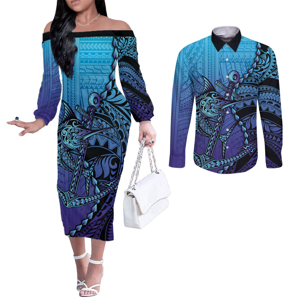 Personalised Polynesia Blue Marlin Fishing Couples Matching Off The Shoulder Long Sleeve Dress and Long Sleeve Button Shirt Marlin Anchor Tattoo Polynesian Pattern