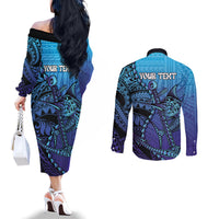 Personalised Polynesia Blue Marlin Fishing Couples Matching Off The Shoulder Long Sleeve Dress and Long Sleeve Button Shirt Marlin Anchor Tattoo Polynesian Pattern
