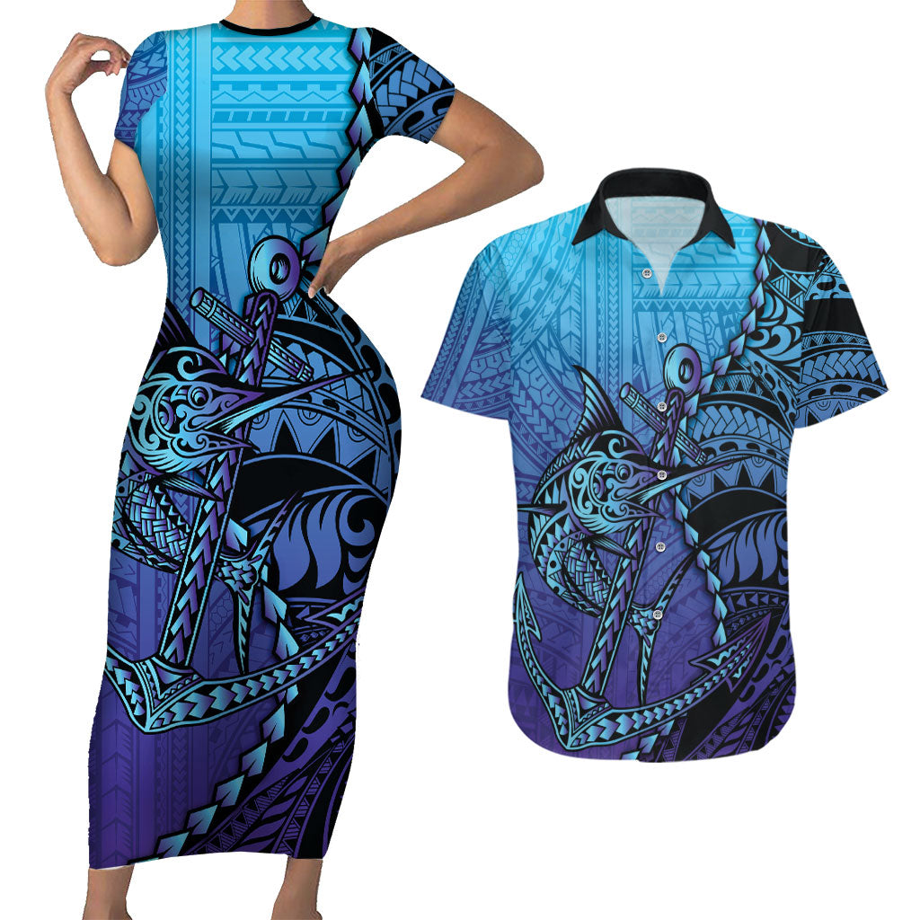 Personalised Polynesia Blue Marlin Fishing Couples Matching Short Sleeve Bodycon Dress and Hawaiian Shirt Marlin Anchor Tattoo Polynesian Pattern