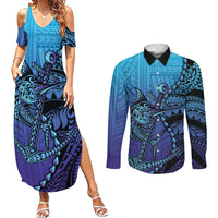 Personalised Polynesia Blue Marlin Fishing Couples Matching Summer Maxi Dress and Long Sleeve Button Shirt Marlin Anchor Tattoo Polynesian Pattern